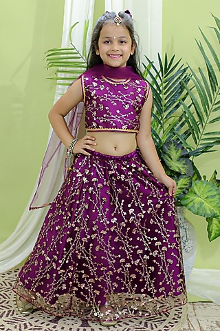 Wine Net Sequins Embroidered Lehenga Set For Girls by BownBee