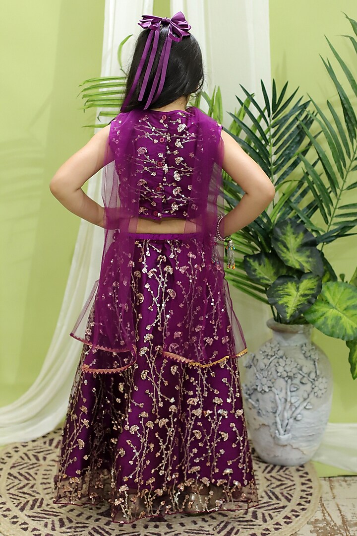 Wine Net Sequins Embroidered Lehenga Set For Girls by BownBee at Pernia's Pop Up Shop