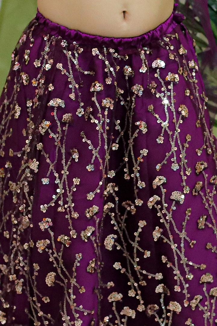 Wine Net Sequins Embroidered Lehenga Set For Girls by BownBee at Pernia's Pop Up Shop