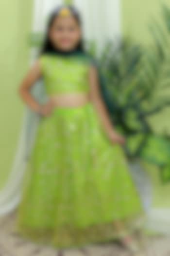 Green Net Sequins Embroidered Lehenga Set For Girls by BownBee at Pernia's Pop Up Shop