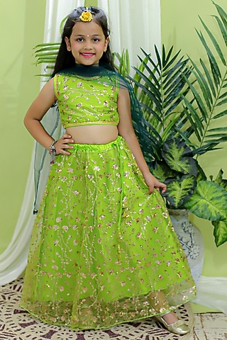 Green Net Sequins Embroidered Lehenga Set For Girls by BownBee
