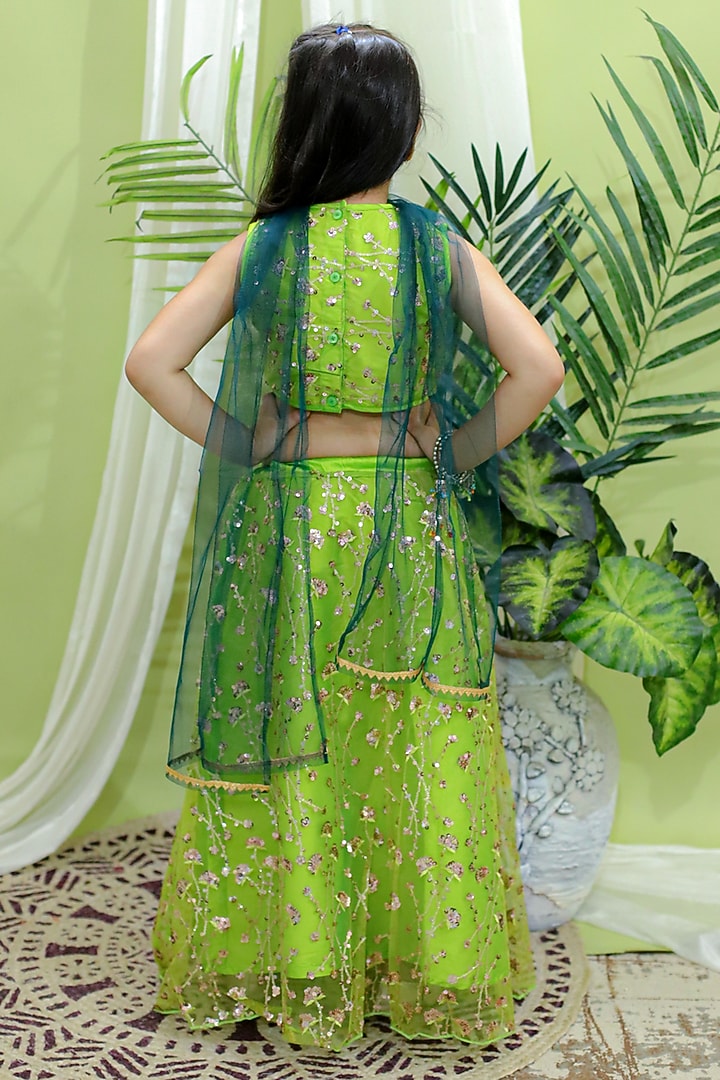 Green Net Sequins Embroidered Lehenga Set For Girls by BownBee at Pernia's Pop Up Shop