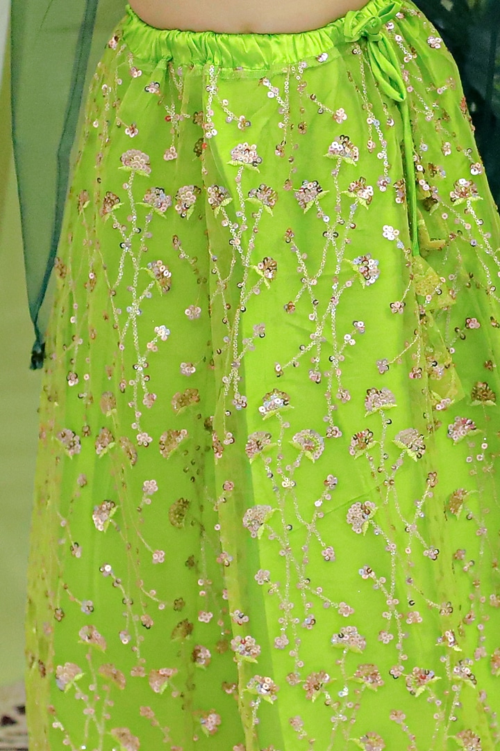 Green Net Sequins Embroidered Lehenga Set For Girls by BownBee at Pernia's Pop Up Shop