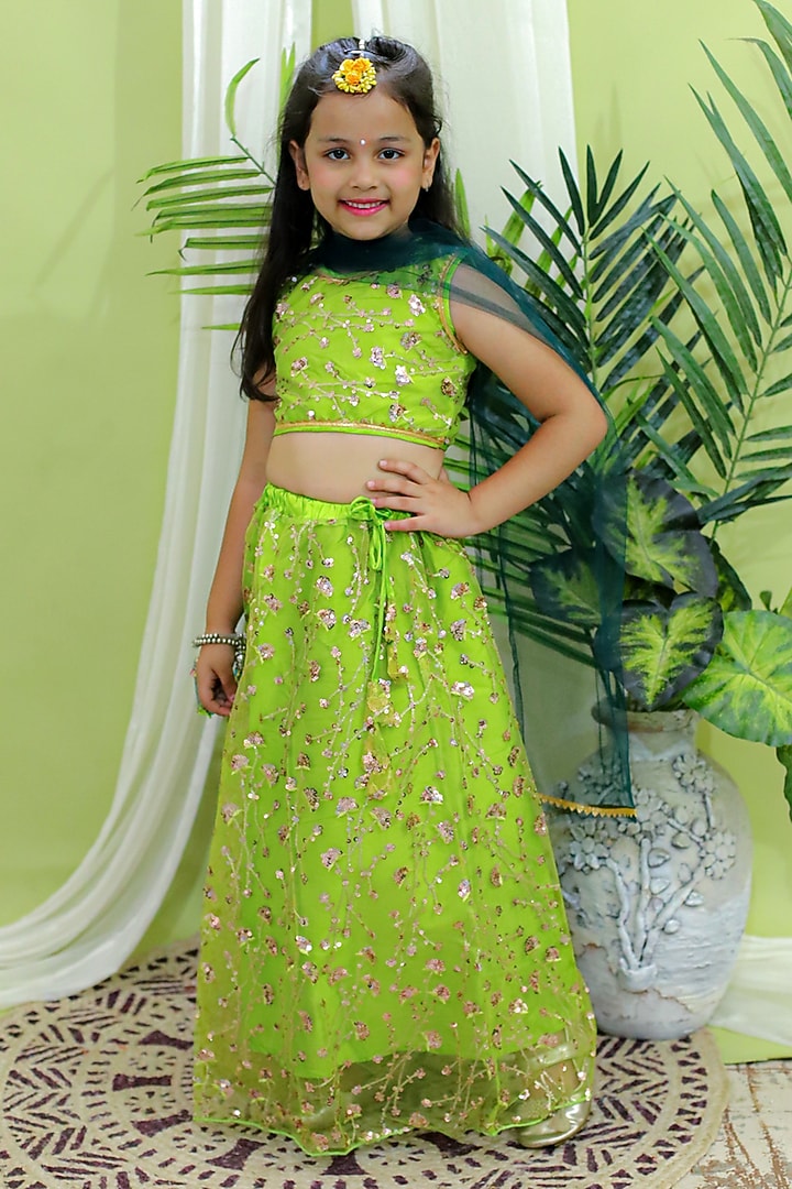 Green Net Sequins Embroidered Lehenga Set For Girls by BownBee at Pernia's Pop Up Shop