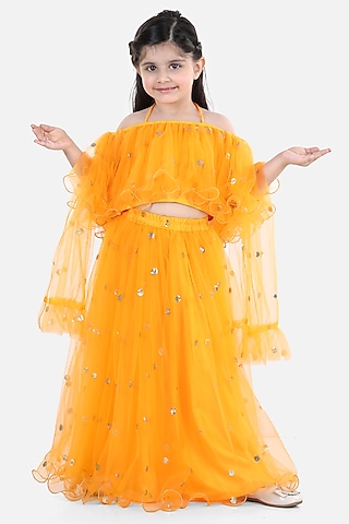 Yellow Net Sequins Embroidered Lehenga Set For Girls by BownBee