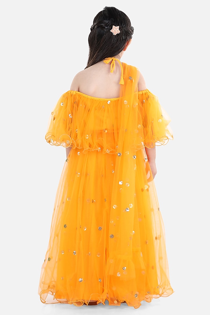 Yellow Net Sequins Embroidered Lehenga Set For Girls by BownBee at Pernia's Pop Up Shop