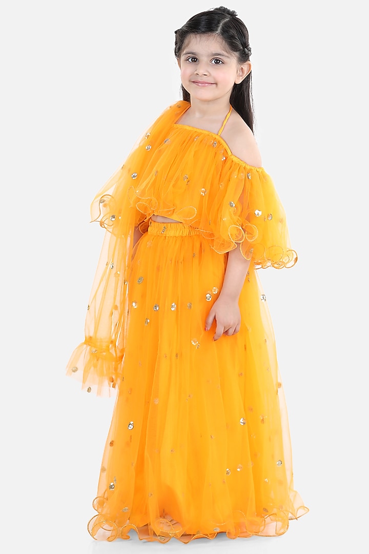 Yellow Net Sequins Embroidered Lehenga Set For Girls by BownBee at Pernia's Pop Up Shop