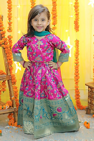 Pink Jacquard Printed Lehenga Set For Girls by BownBee