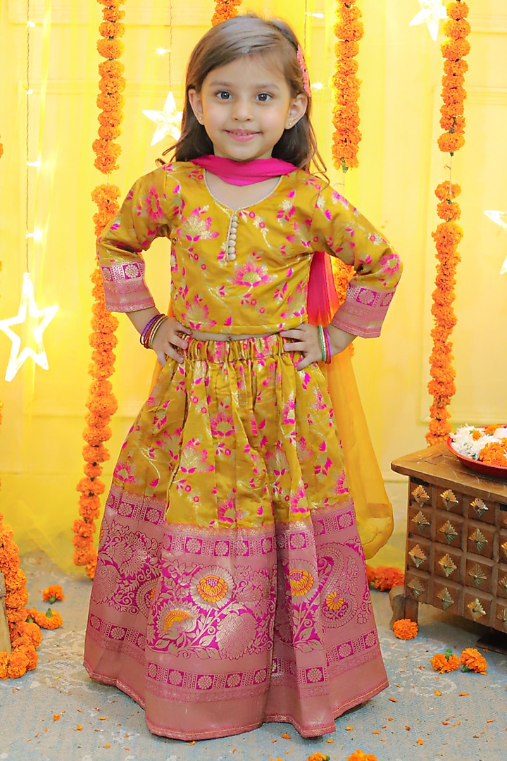 Yellow Jacquard Printed Lehenga Set For Girls by BownBee at Pernia's Pop Up Shop