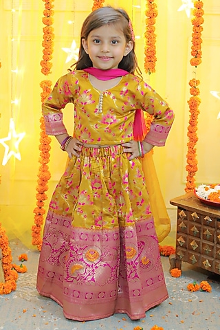 Yellow Jacquard Printed Lehenga Set For Girls by BownBee