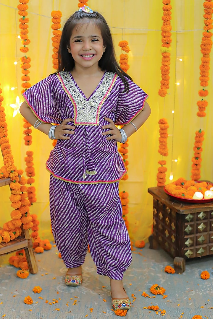 Purple Pure Cotton Embellished Kaftan Set For Girls by BownBee at Pernia's Pop Up Shop