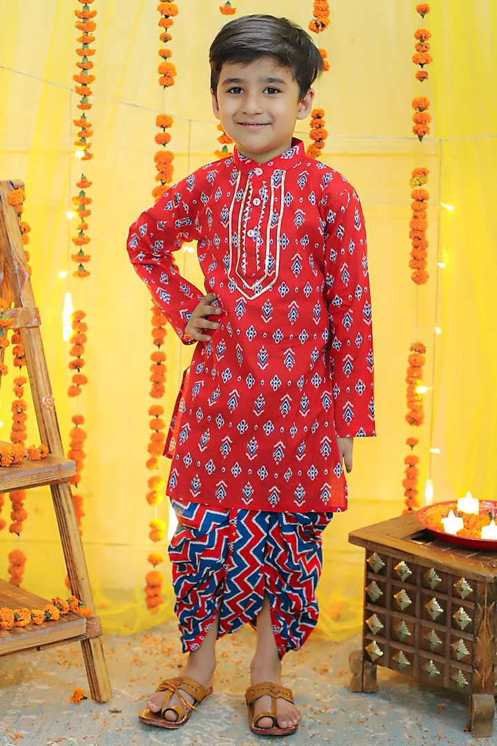 Red Pure Cotton Printed Kurta Set For Boys by BownBee