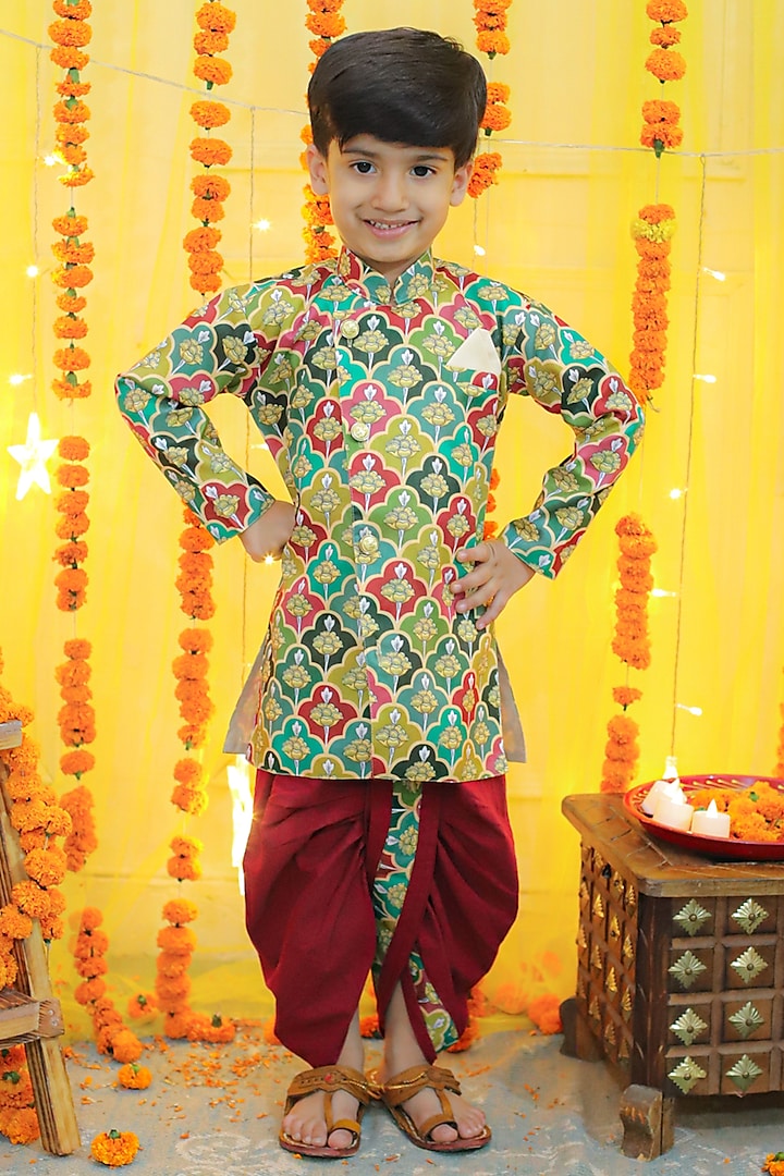 Multi-Colored Silk Blend Floral Printed Sherwani Set For Boys by BownBee