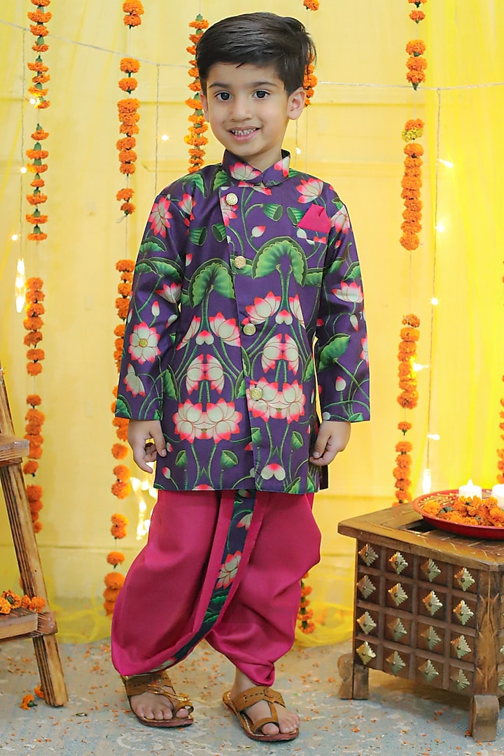 Purple Silk Blend Floral Printed Sherwani Set For Boys by BownBee