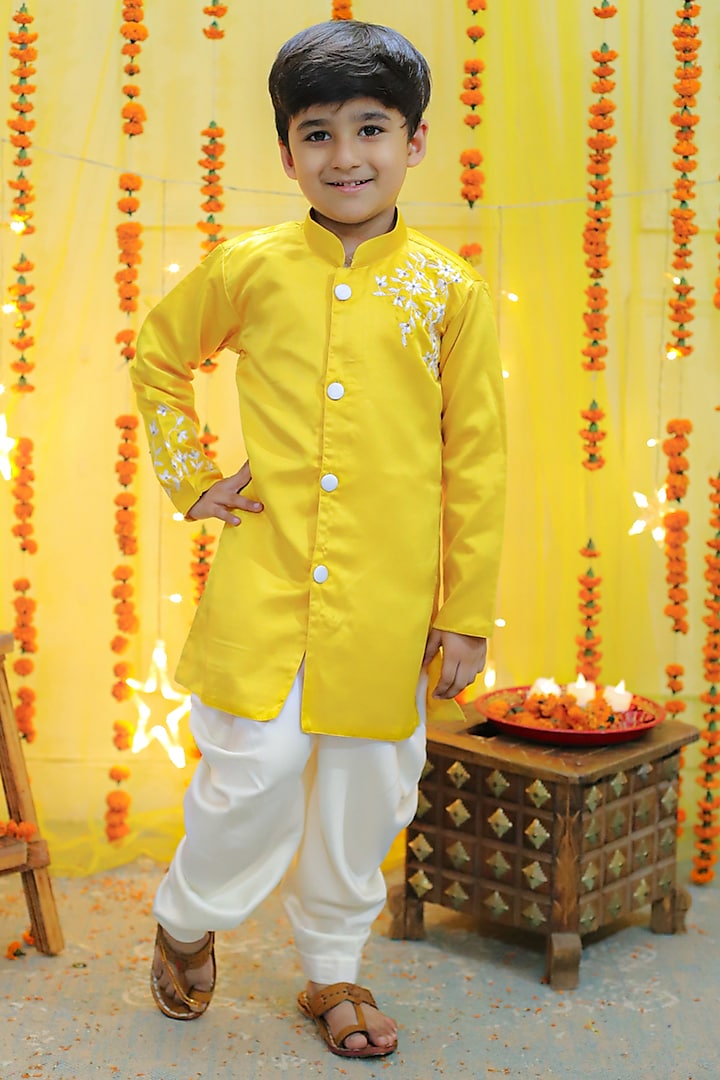 Yellow Jam Cotton Hand Embroidered Sherwani Set For Boys by BownBee