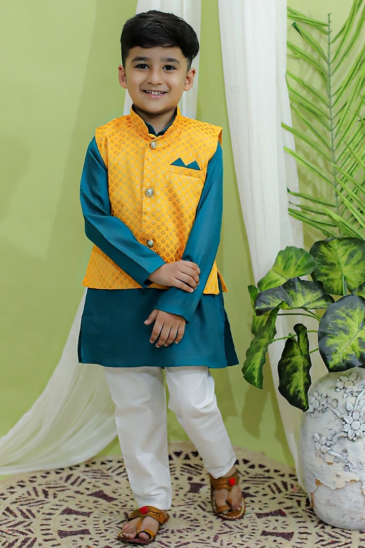 Yellow Jacquard Nehru Jacket Set For Boys by BownBee