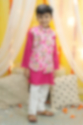Pink Cotton Kurta Set With Attached Jacket For Boys by BownBee