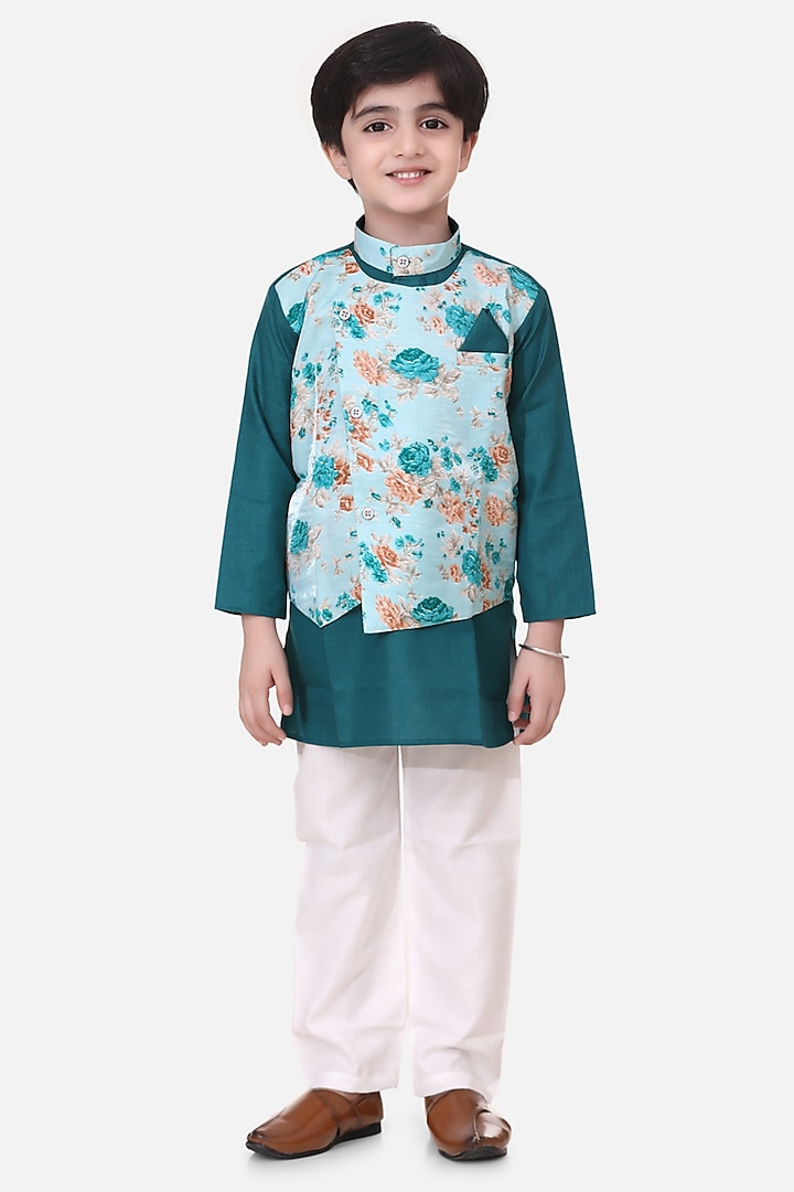 Green Cotton Kurta Set With Attached Jacket For Boys by BownBee