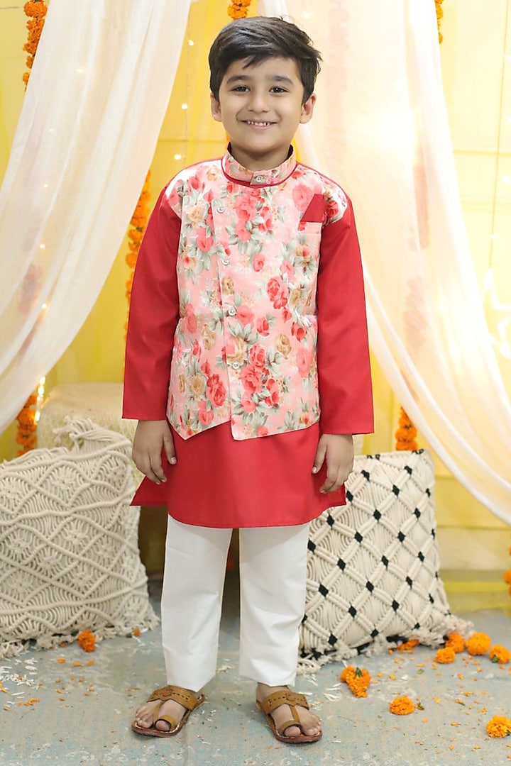 Red Cotton Kurta Set With Attached Jacket For Boys by BownBee