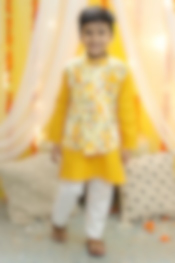 Yellow Cotton Kurta Set With Attached Jacket For Boys by BownBee