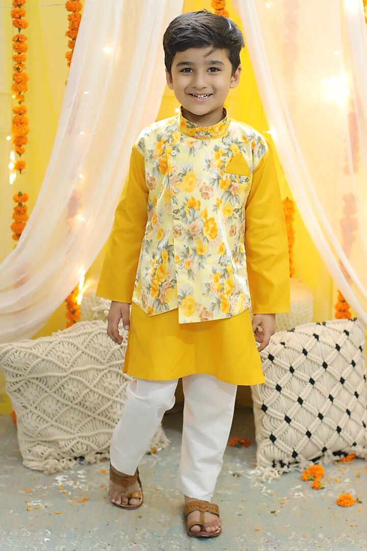 Yellow Cotton Kurta Set With Attached Jacket For Boys by BownBee