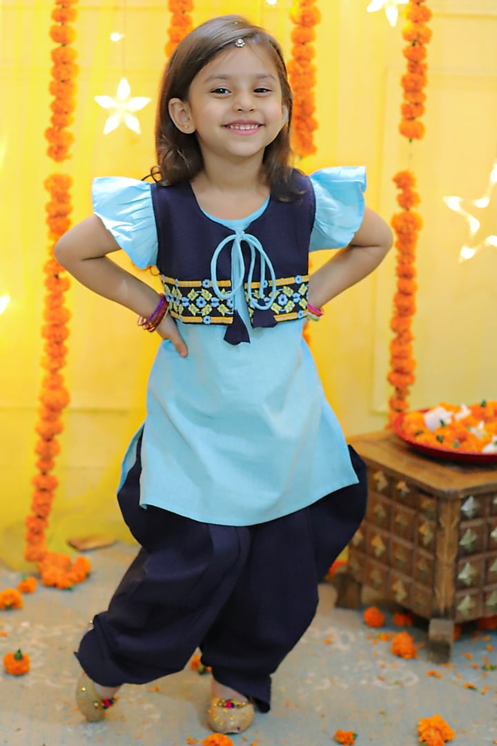 Blue Cotton Embroidered Kurta Set For Girls by BownBee at Pernia's Pop Up Shop