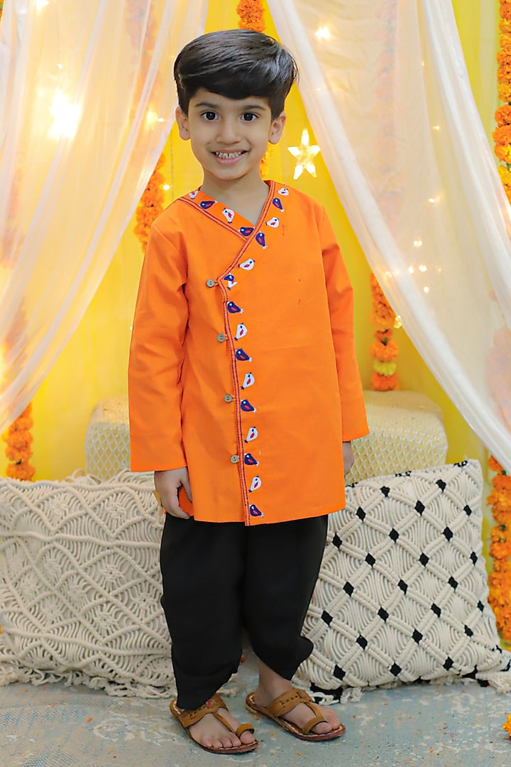 Orange Cotton Embroidered Kurta Set For Boys by BownBee