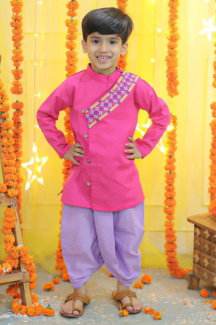 Pink Cotton Embroidered Kurta Set For Boys by BownBee