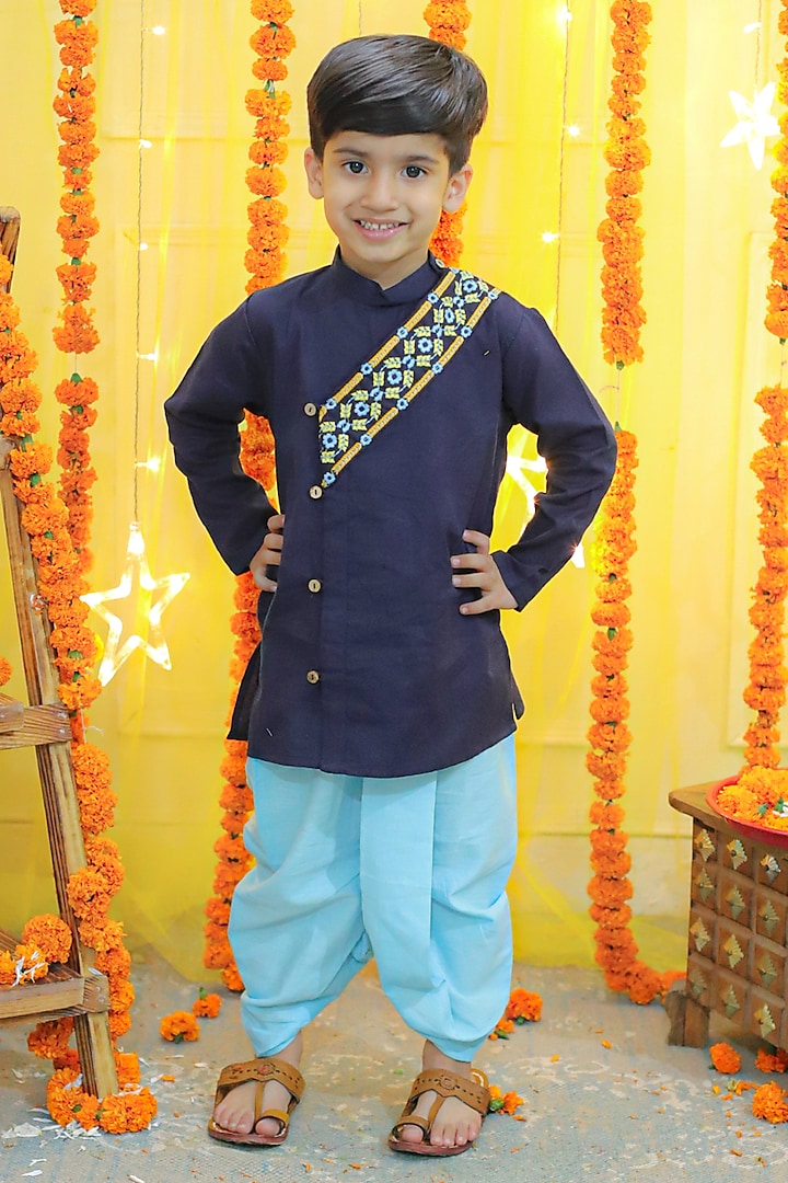 Blue Cotton Embroidered Kurta Set For Boys by BownBee