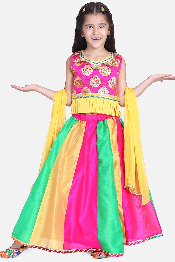 Multi-Colored Silk Blend Lehenga Set For Girls by BownBee