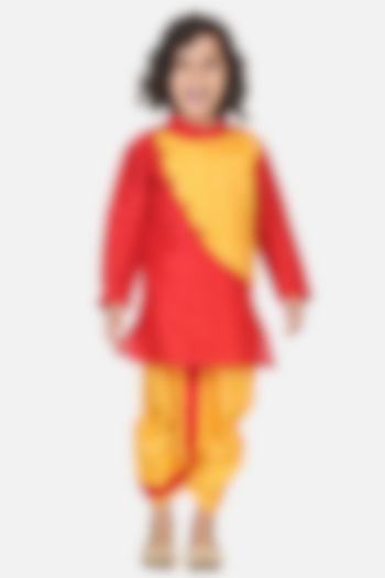 Yellow & Red Silk Kurta Set For Boys by BownBee