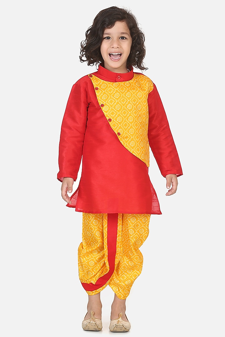 Yellow & Red Silk Kurta Set For Boys by BownBee