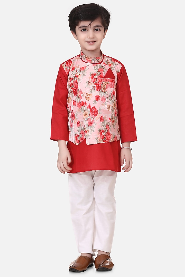 Red Cotton Kurta Set For Boys by BownBee