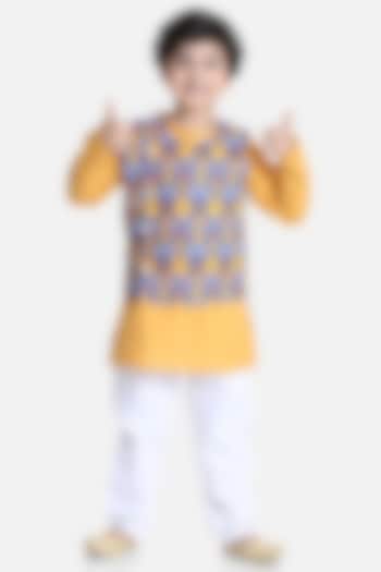 Yellow Cotton Kurta Set With Nehru Jacket For Boys by BownBee