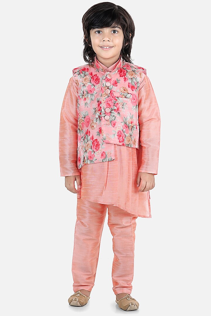 Peach Silk Bundi Jacket With Kurta Set For Boys by BownBee