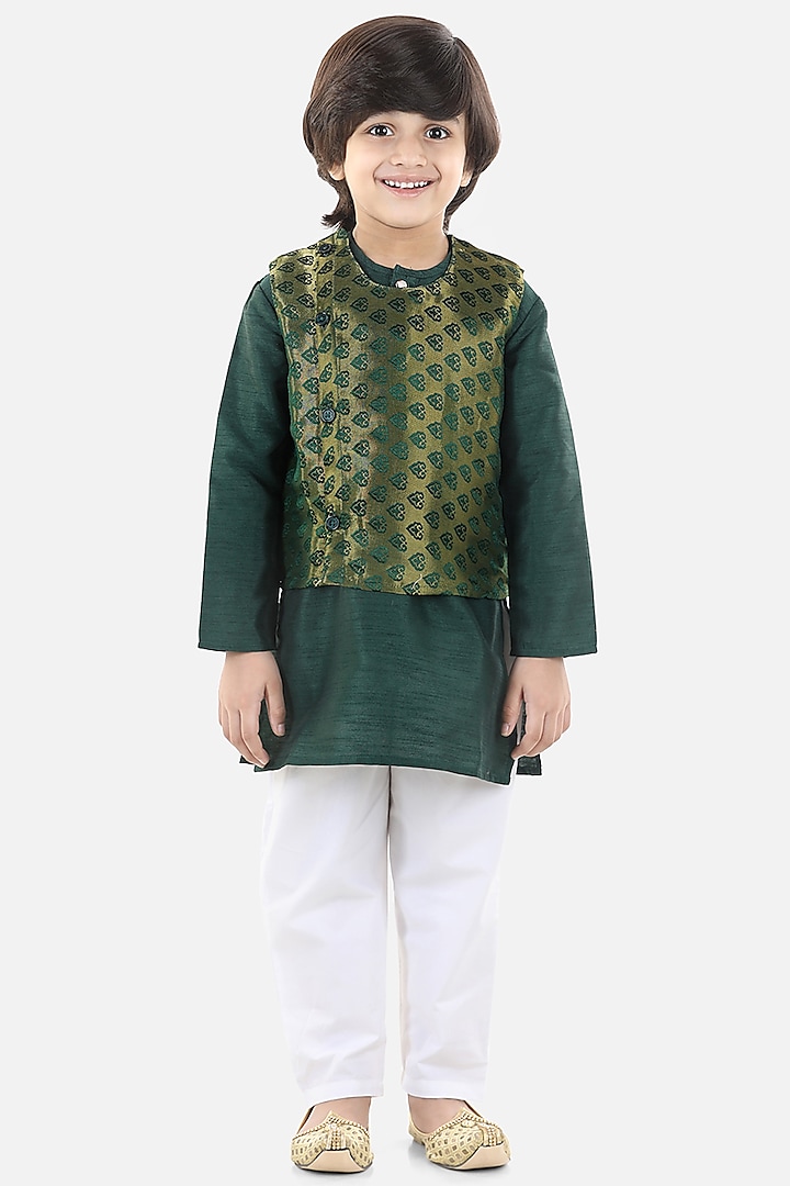 Green Jacquard Bundi Jacket Set For Boys by BownBee
