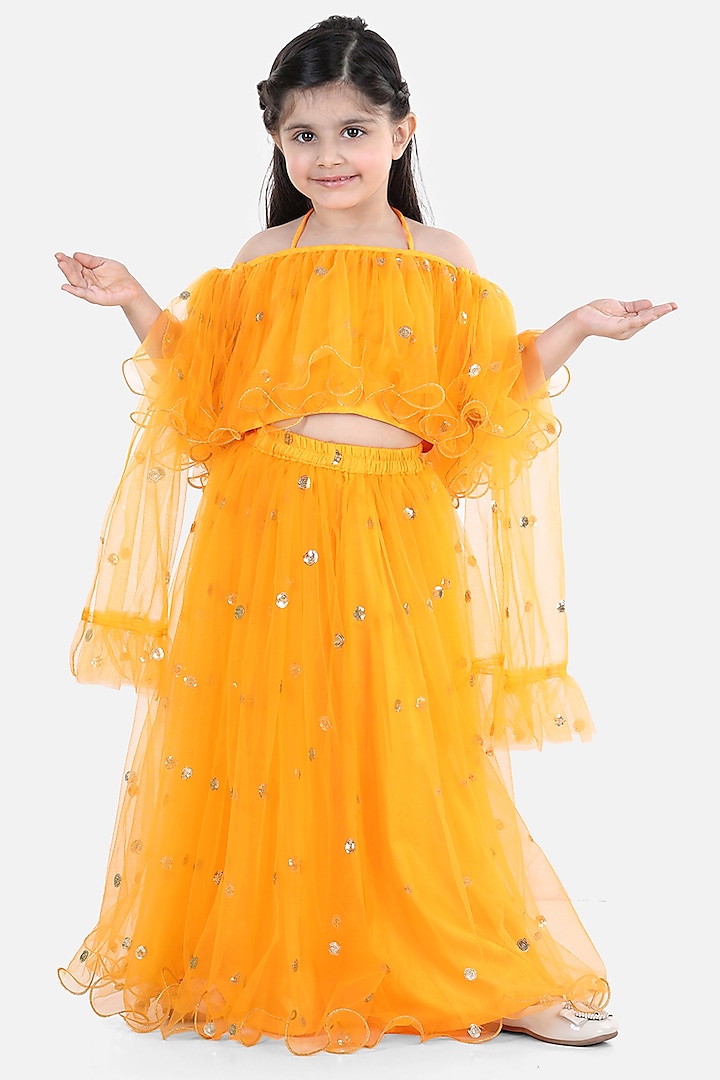 Yellow Embroidered Lehenga Set For Girls by BownBee