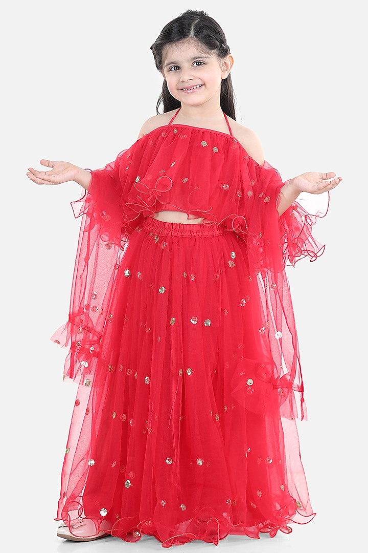 Red Embroidered Lehenga Set For Girls by BownBee