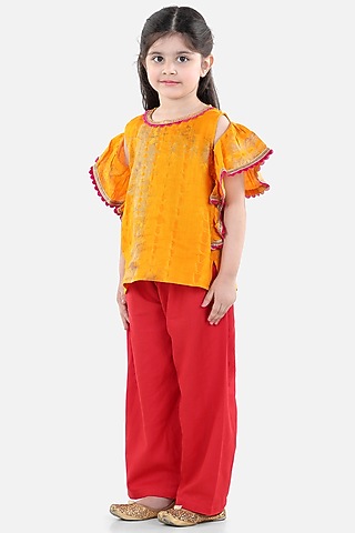 Red Silk Pant Set For Girls by BownBee