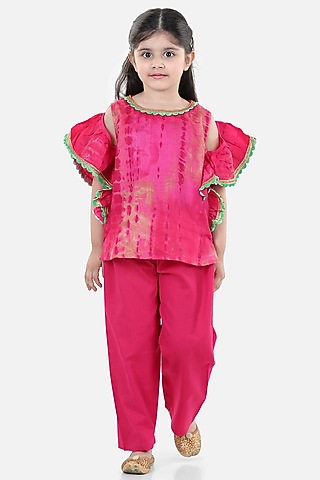 Pink Silk Pant Set For Girls by BownBee