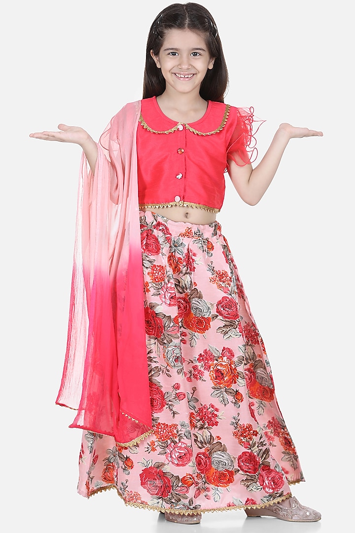 Pink Floral Printed Lehenga Set For Girls by BownBee
