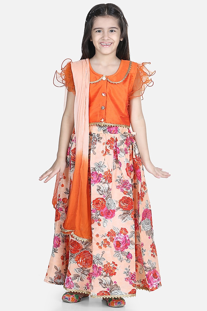 Orange Silk Printed Lehenga Set For Girls by BownBee