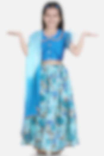 Blue Floral Printed Lehenga Set For Girls by BownBee