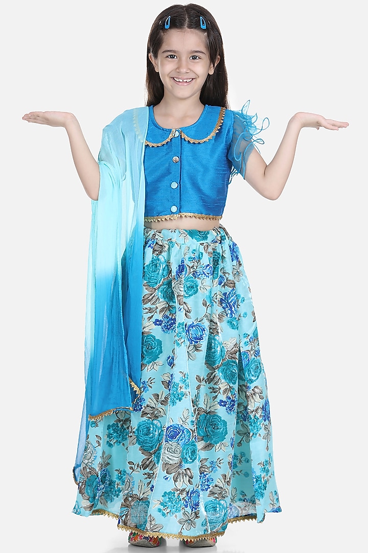 Blue Floral Printed Lehenga Set For Girls by BownBee