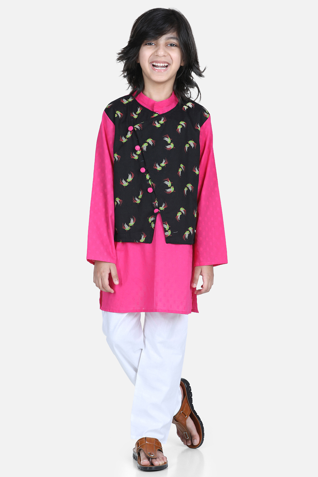 Pink Silk Cotton Kurta Set For Boys by BownBee