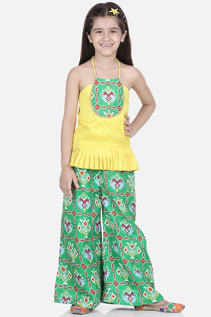 Green Silk Pant Set For Girls by BownBee