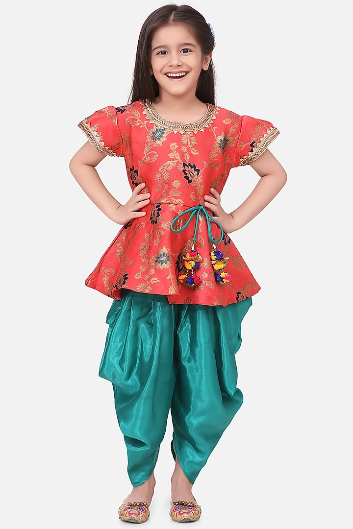 Blue Jacquard Dhoti Set For Girls by BownBee