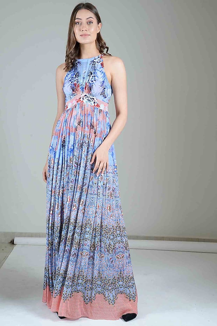 Indigo Bloom Printed Halter Maxi Dress by Bhanuni By Jyoti