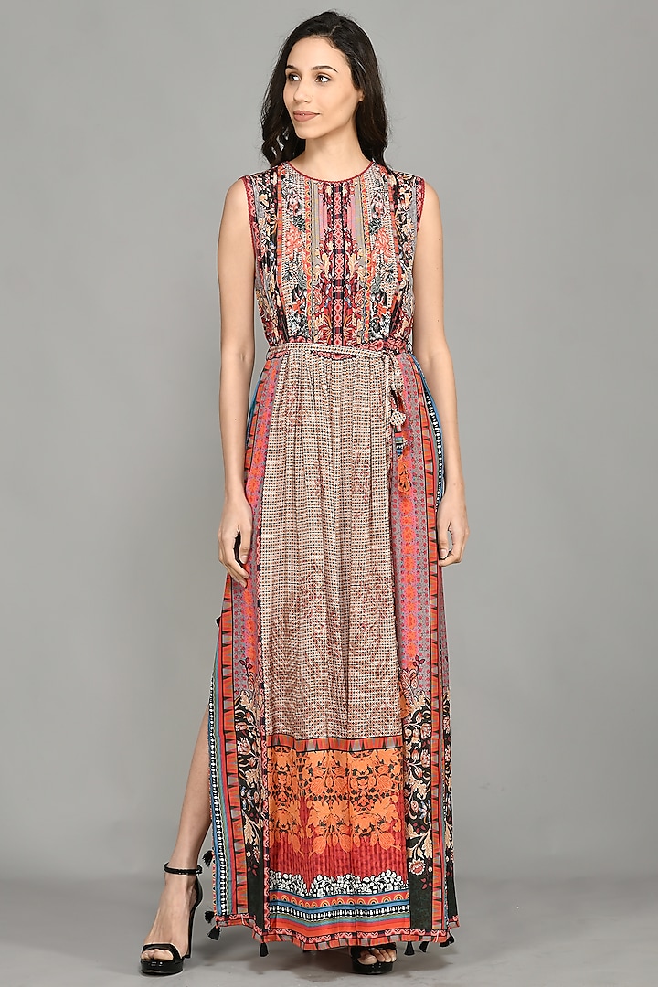 Multi-Colored Printed Pintucked Maxi Dress by Bhanuni By Jyoti