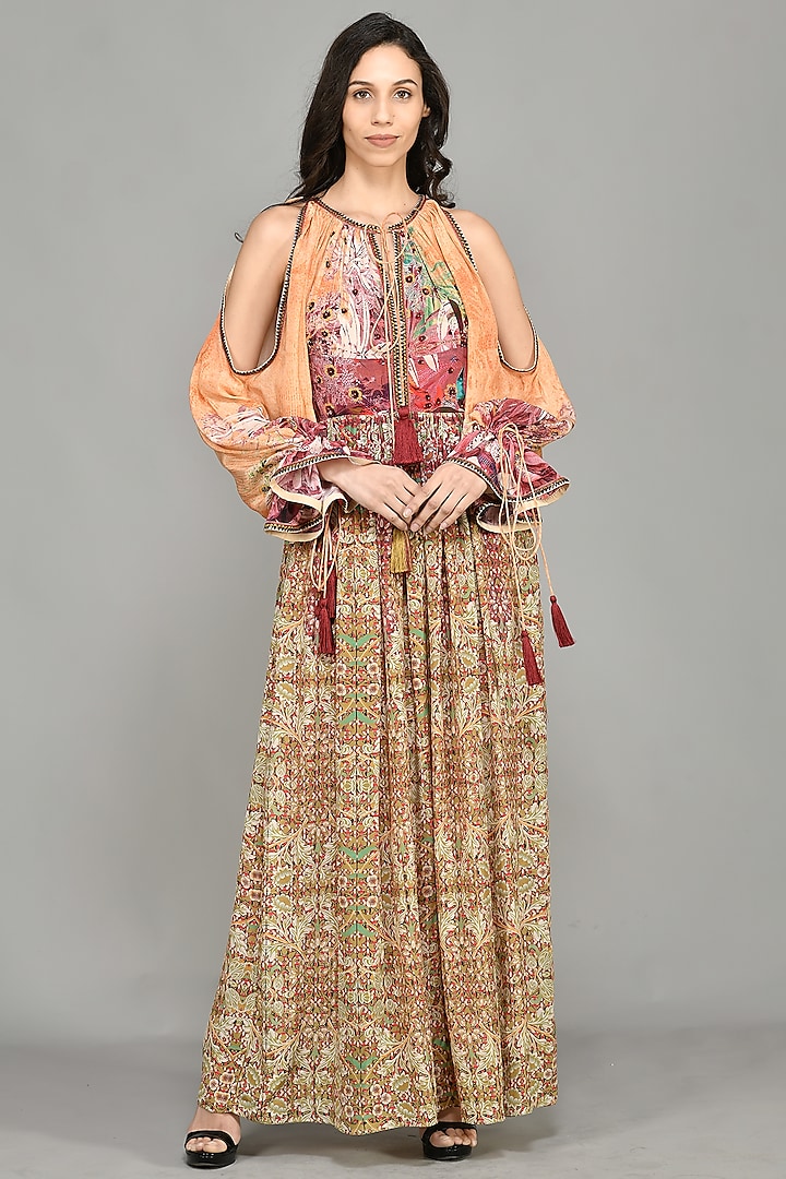 Multi-Colored Printed Cold Shoulder Maxi Dress by Bhanuni By Jyoti